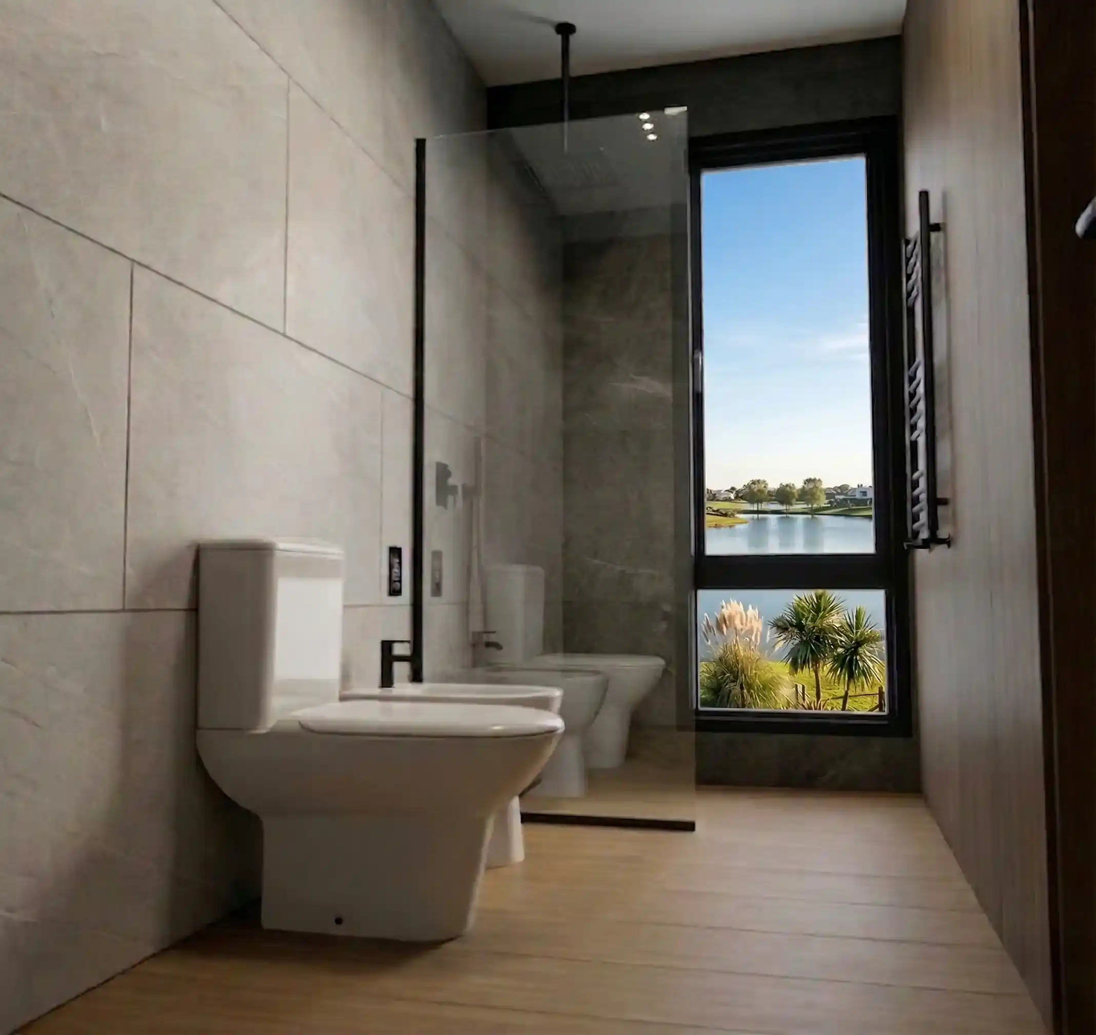 Render de reforma de baño con sanitarios, mampara de ducha y ventanal con vista al lago, proyecto PADOVA Estudio