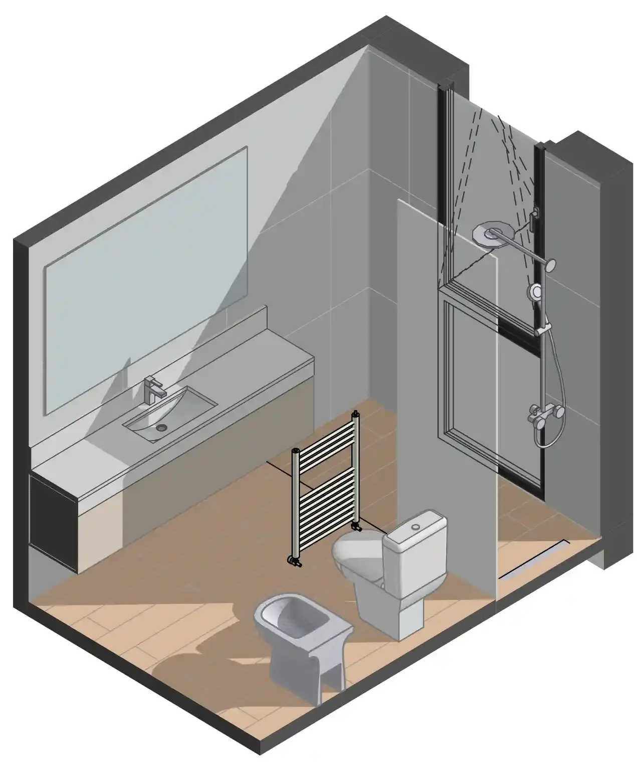 Axonometría técnica de proyecto de remodelación de baño con vanitory y ducha, PADOVA Estudio
