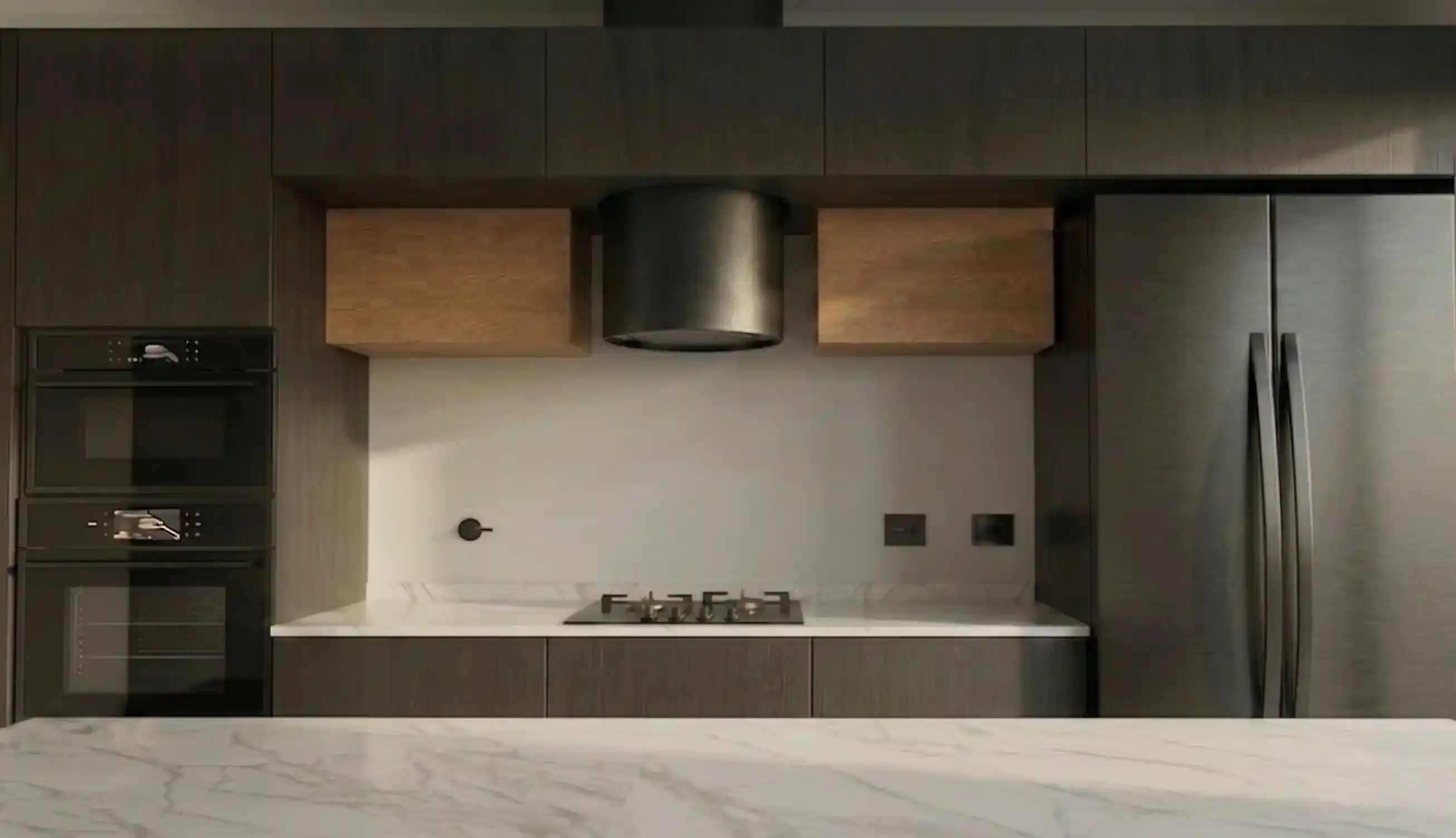 Render de remodelación de cocina con frente oscuro y campana cilíndrica, proyecto PADOVA Estudio