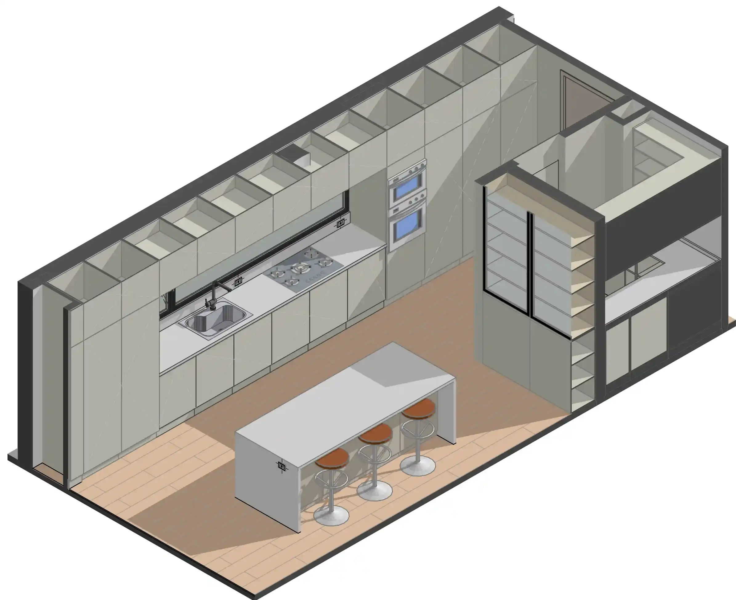 Axonometría técnica de proyecto de remodelación de cocina con isla, PADOVA Estudio