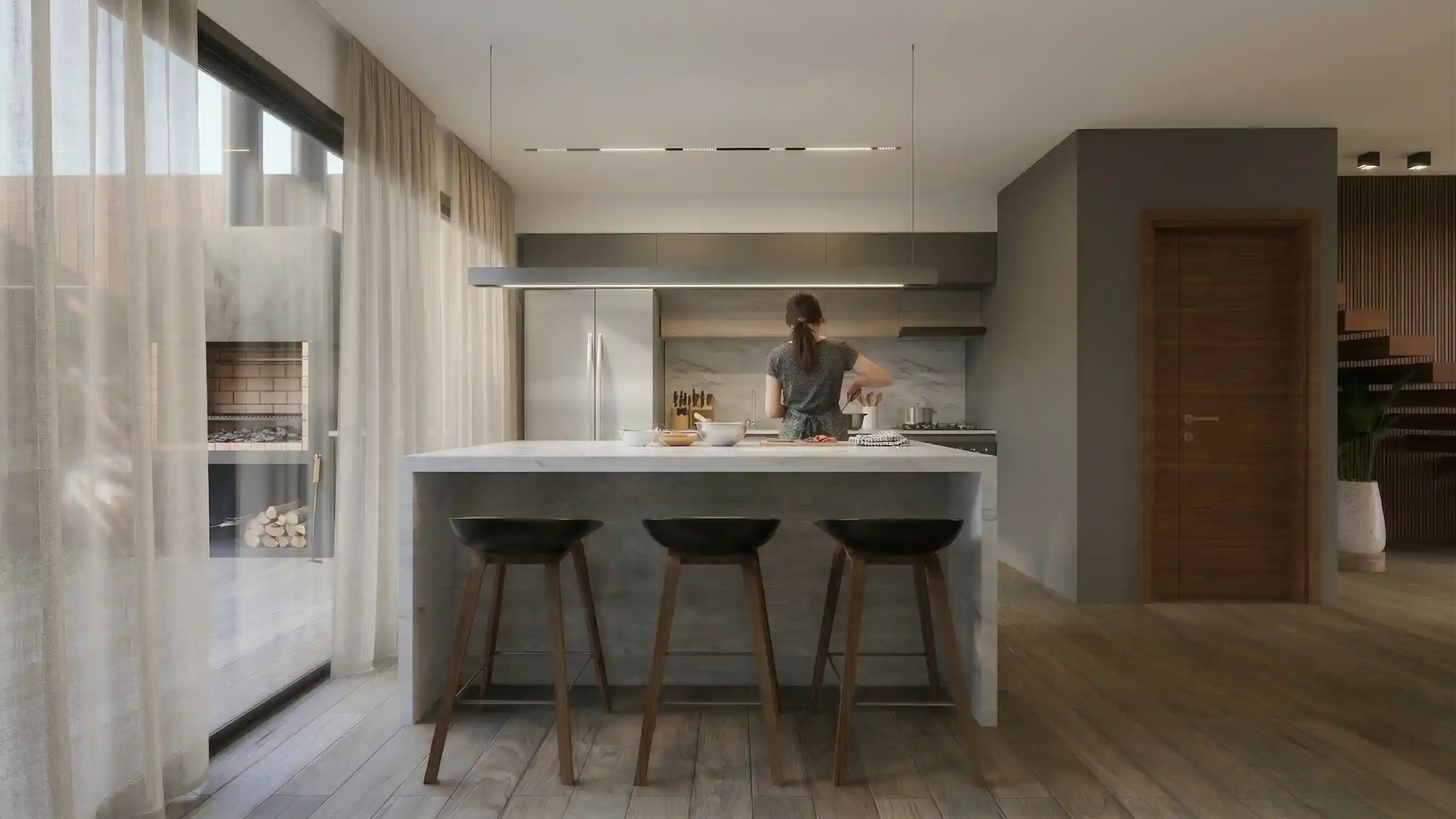 Render de reforma de cocina integrada al comedor con isla y banquetas, proyecto PADOVA Estudio
